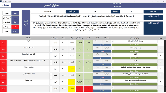 شاشة تحليل الأسعار لبنود الأعمال